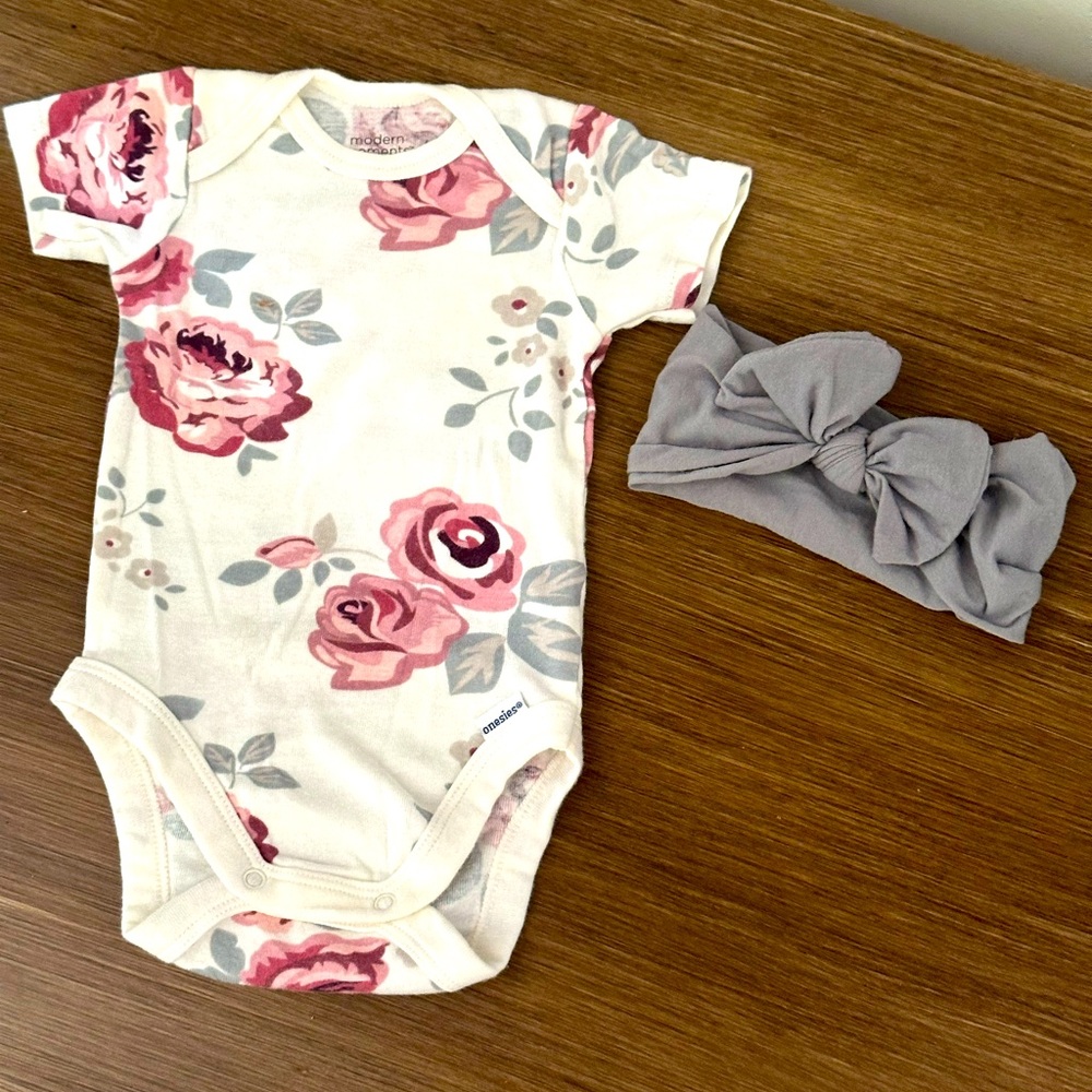 Modern Moments by Gerber Rose Onesie with Matching Headband Bow—0-3 Months